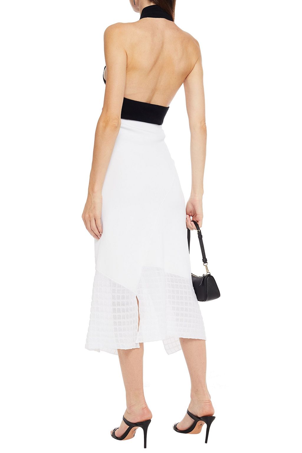 ROLAND MOURET Loda asymmetric crochet-paneled ribbed jersey midi skirt