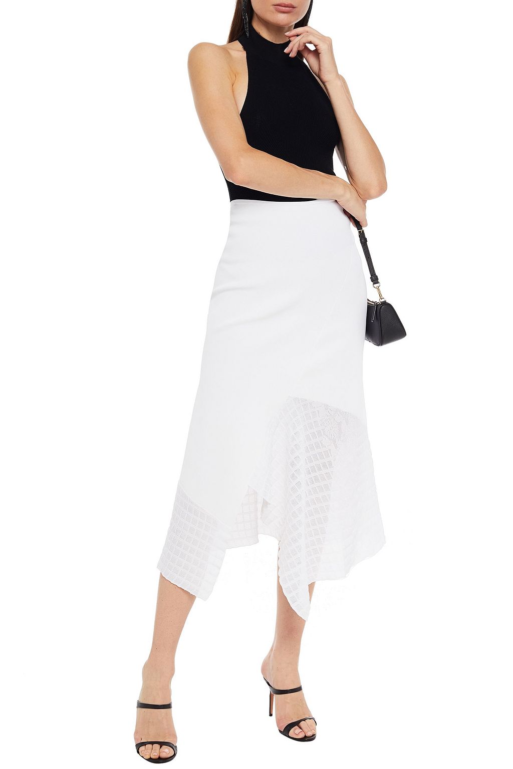 ROLAND MOURET Loda asymmetric crochet-paneled ribbed jersey midi skirt
