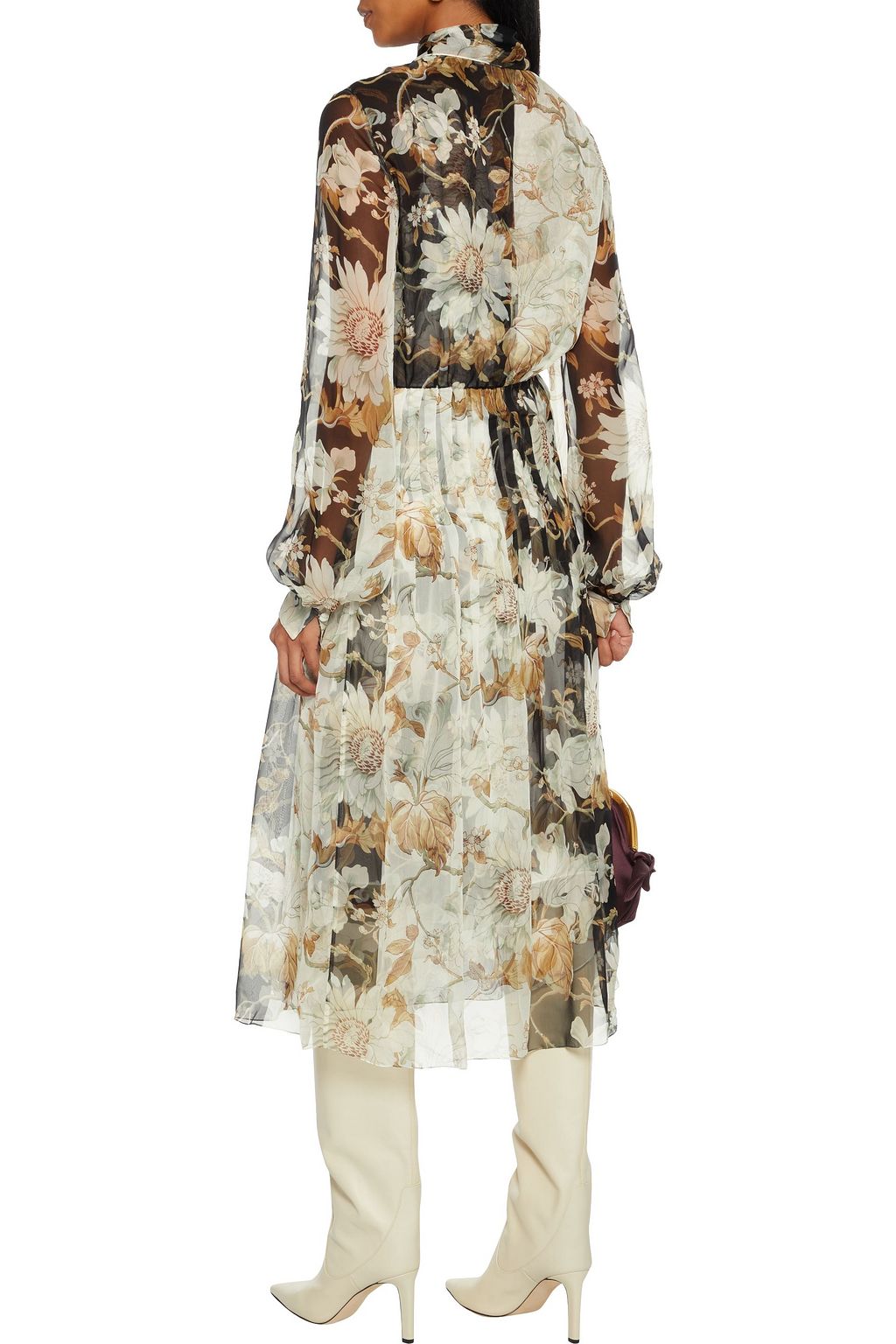 OSCAR DE LA RENTA Pussy-bow pleated floral-print silk-chiffon midi dress