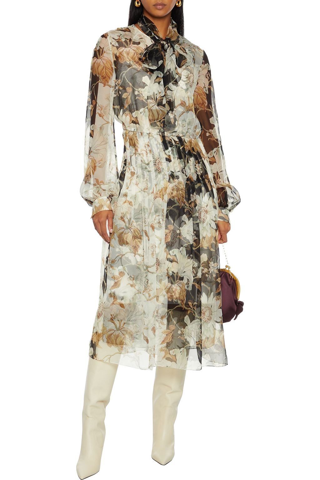 OSCAR DE LA RENTA Pussy-bow pleated floral-print silk-chiffon midi dress
