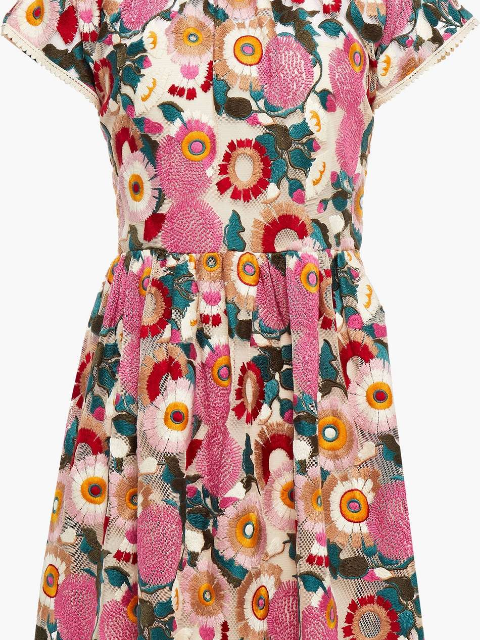 gathered embroidered tulle mini dress