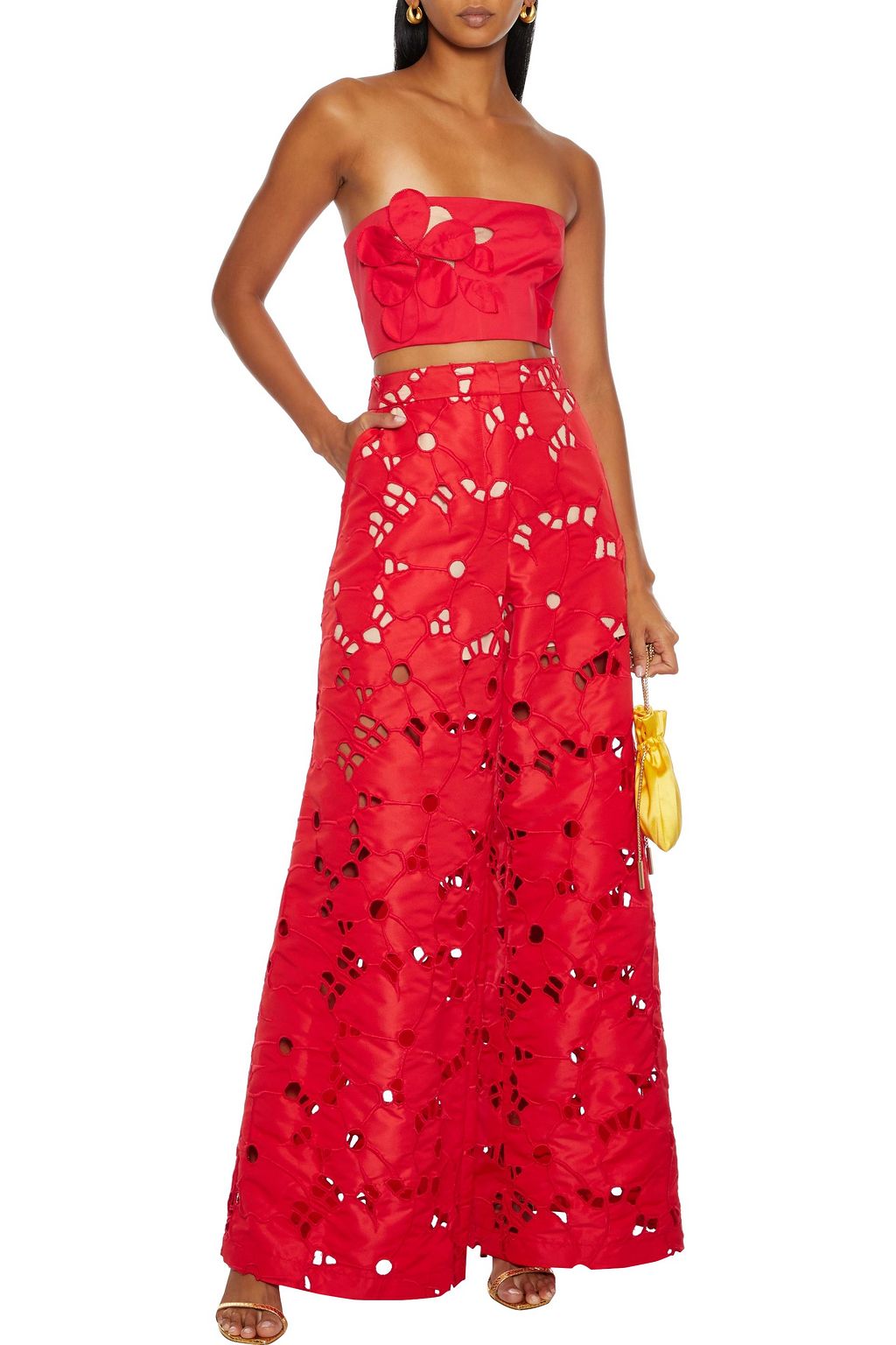 OSCAR DE LA RENTA Cropped strapless floral-appliquéd cotton-blend top