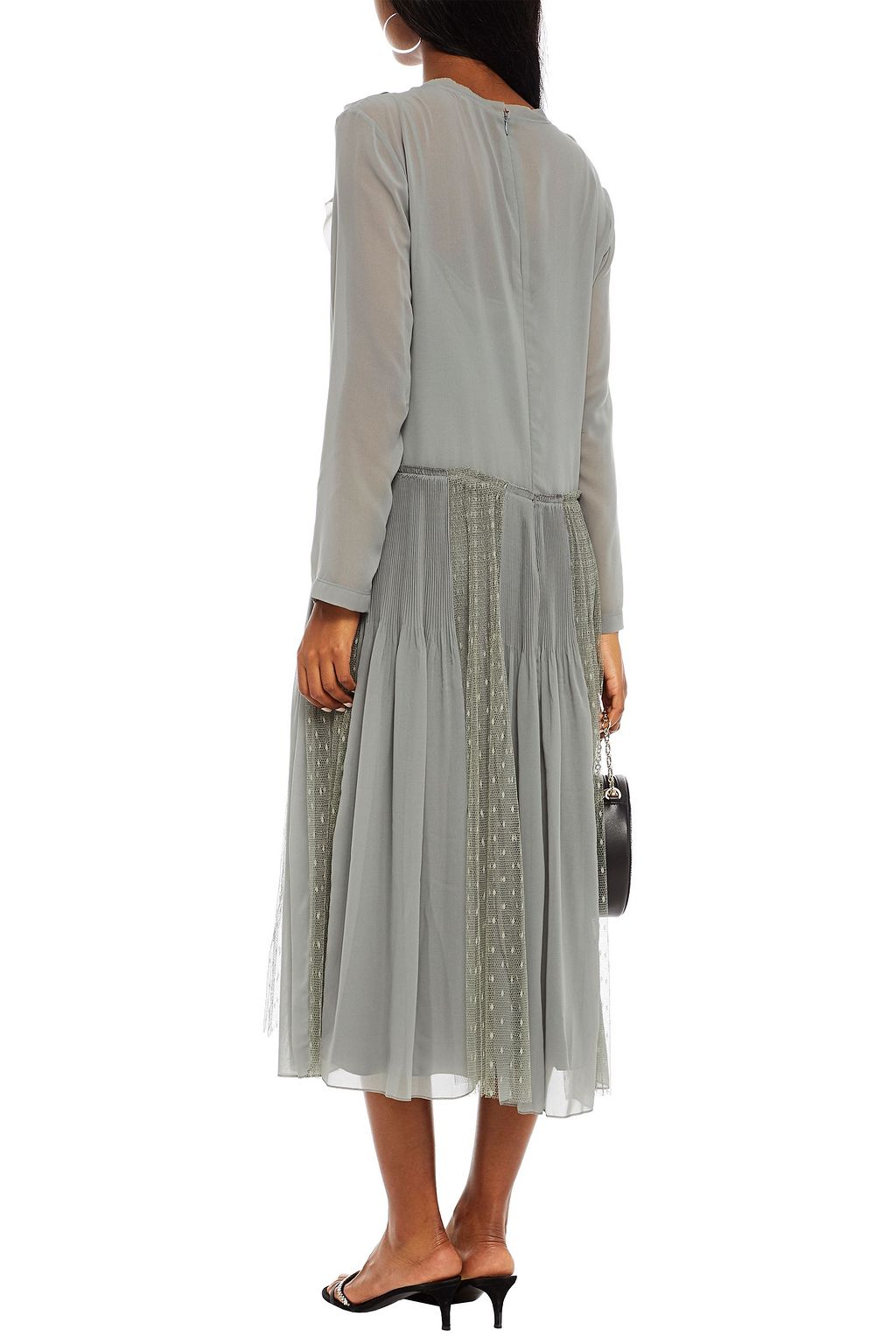 REDVALENTINO Point d'esprit-paneled ruffled chiffon midi dress