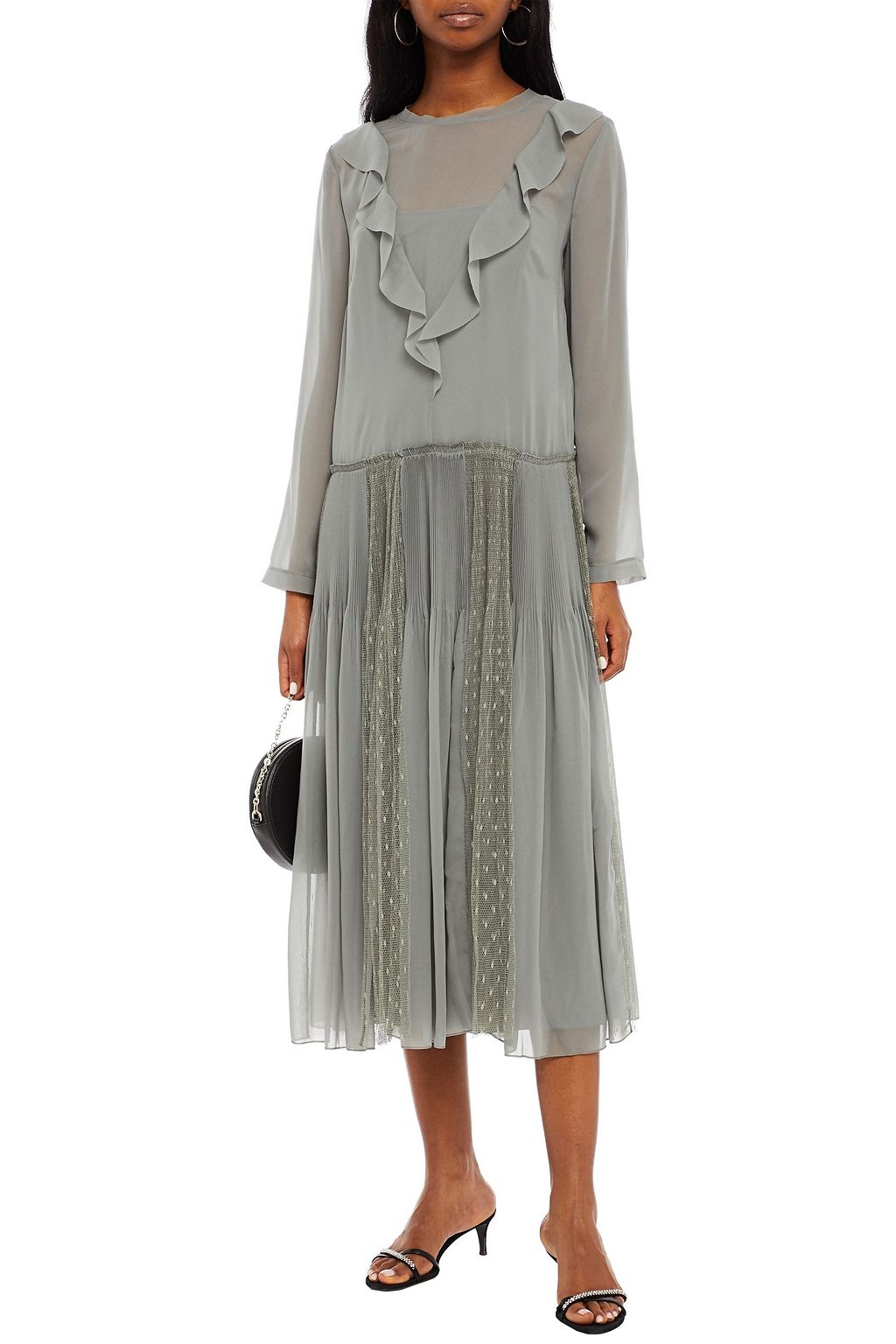 REDVALENTINO Point d'esprit-paneled ruffled chiffon midi dress