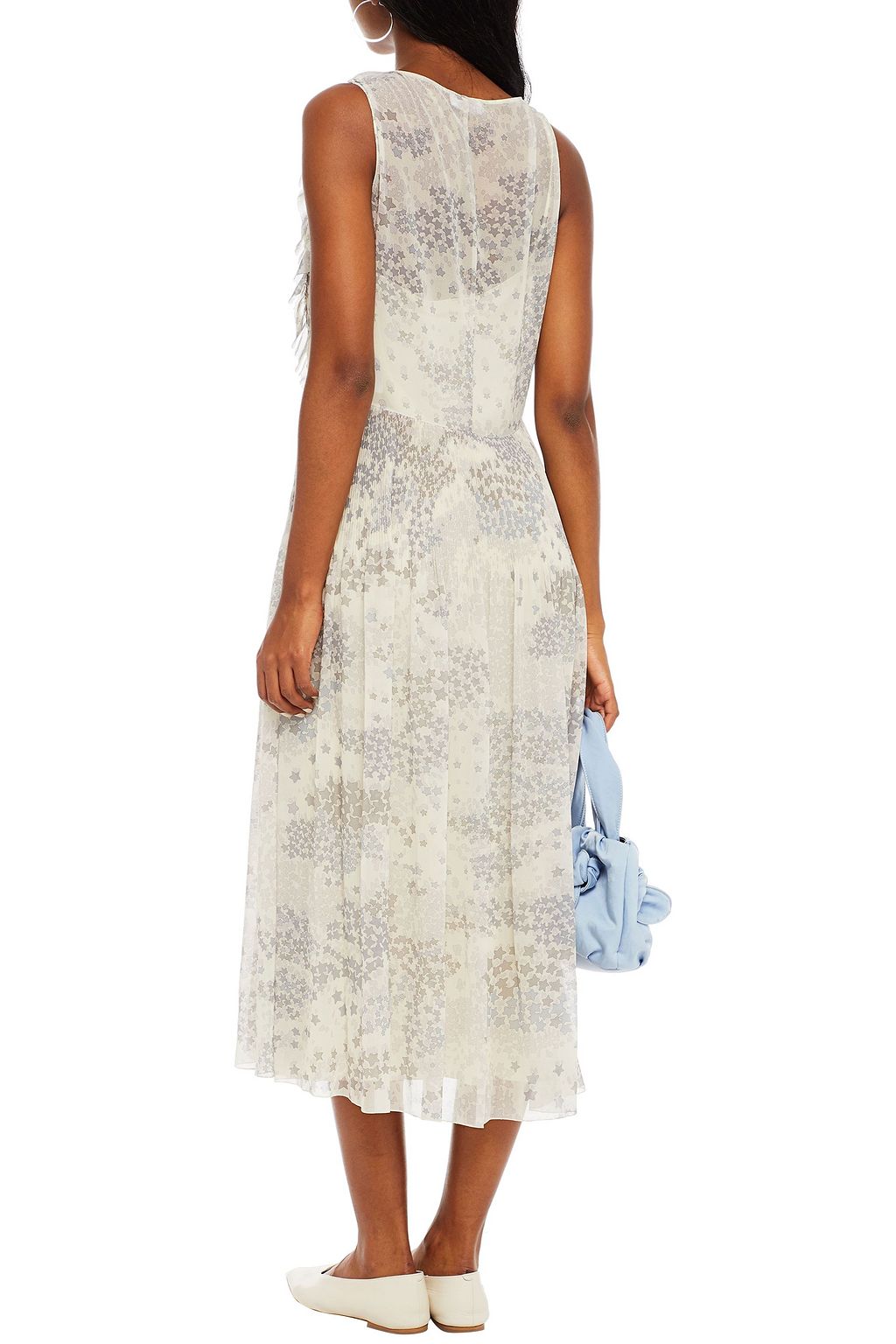 REDVALENTINO Lace-trimmed pleated printed chiffon midi dress
