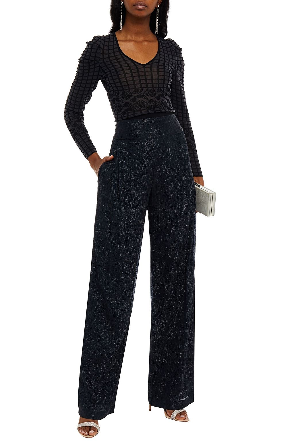 ROLAND MOURET Brunswick metallic plissé silk-blend georgette wide-leg pants
