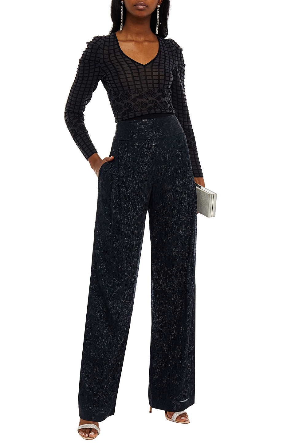 Roland Mouret Brunswick Metallic Plissé Silk-blend Georgette Wide-leg Pants In Midnight Blue