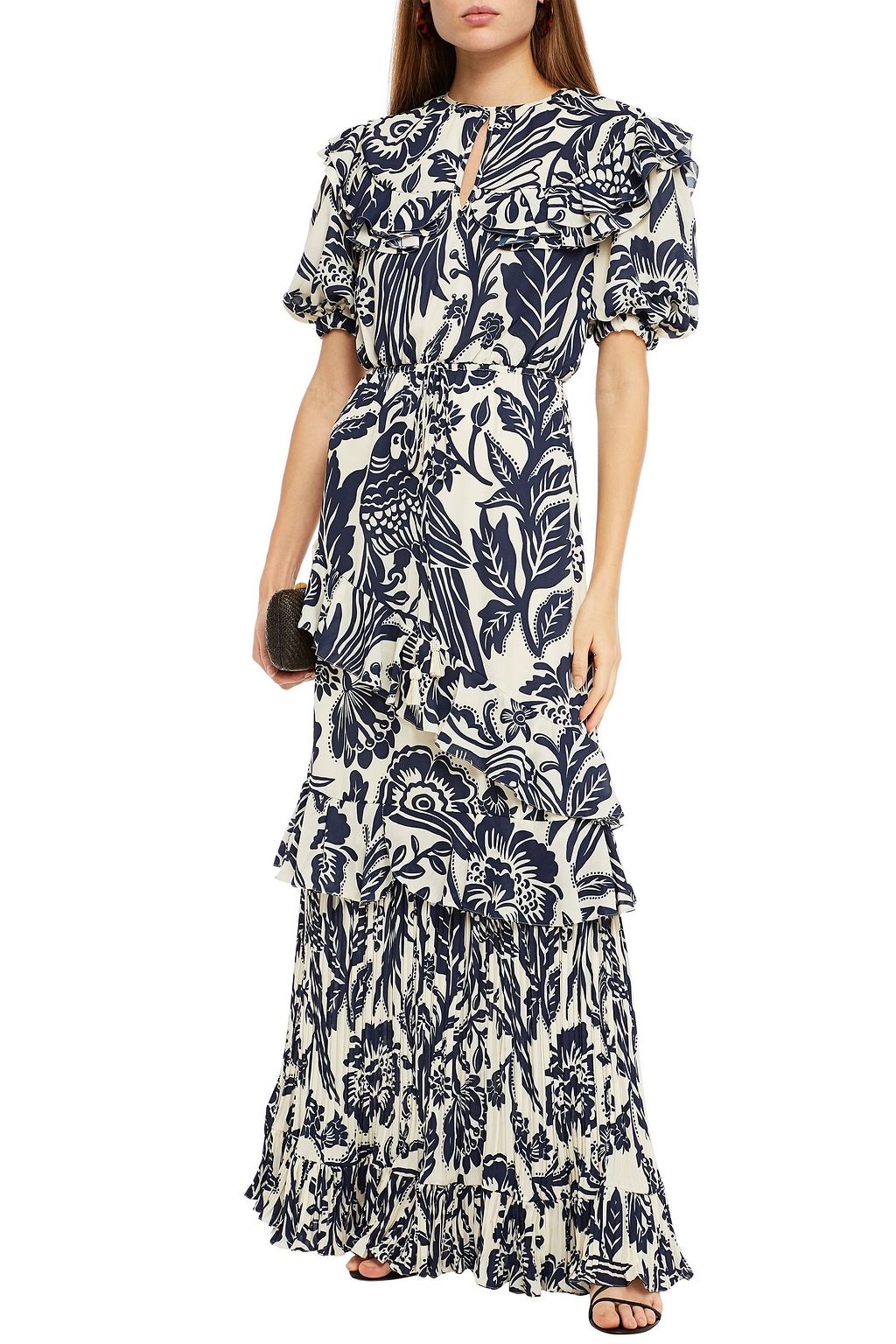 JOHANNA ORTIZ Ruffled embellished printed crepe maxi dress