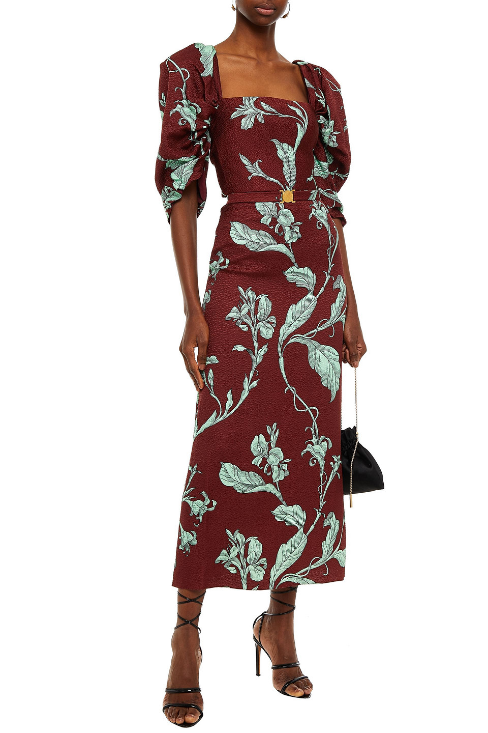 Johanna Ortiz Gathered Floral-print Wool And Silk-blend Midi Dress In Merlot