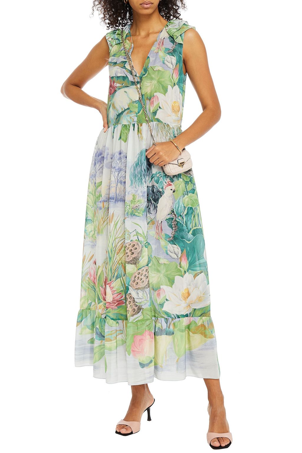 REDVALENTINO Gathered printed silk crepe de chine midi dress