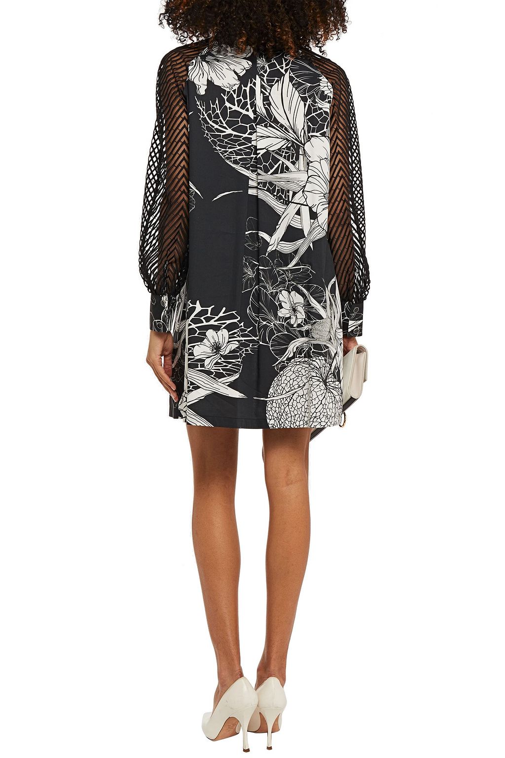JUST CAVALLI Embroidered tulle-paneled floral-print cotton-blend mini shirt dress