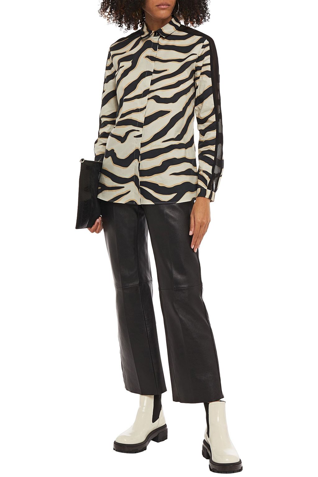 JUST CAVALLI Mesh-trimmed zebra-print cotton-blend poplin shirt