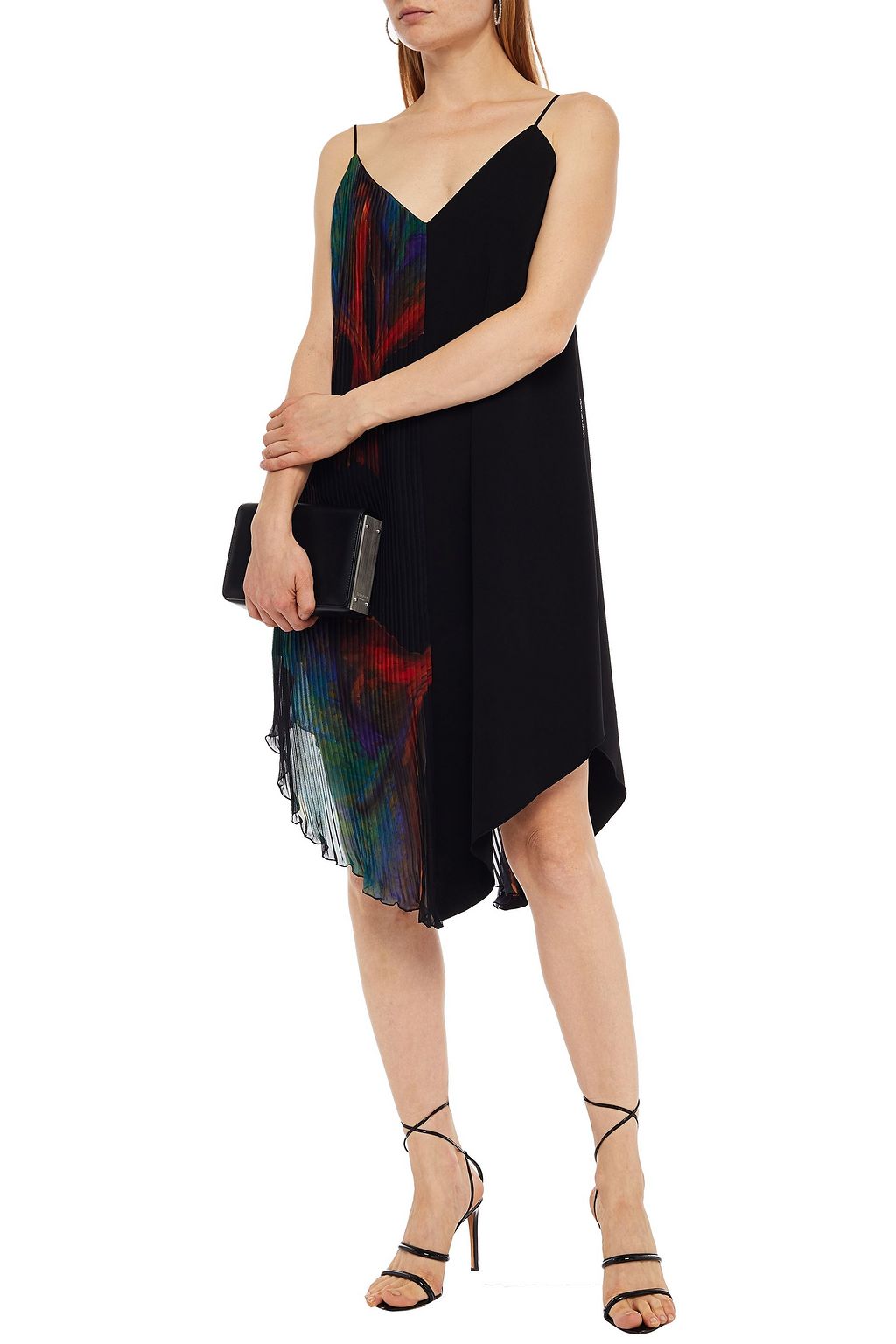 JUST CAVALLI Crepe-paneled pleated printed chiffon dress