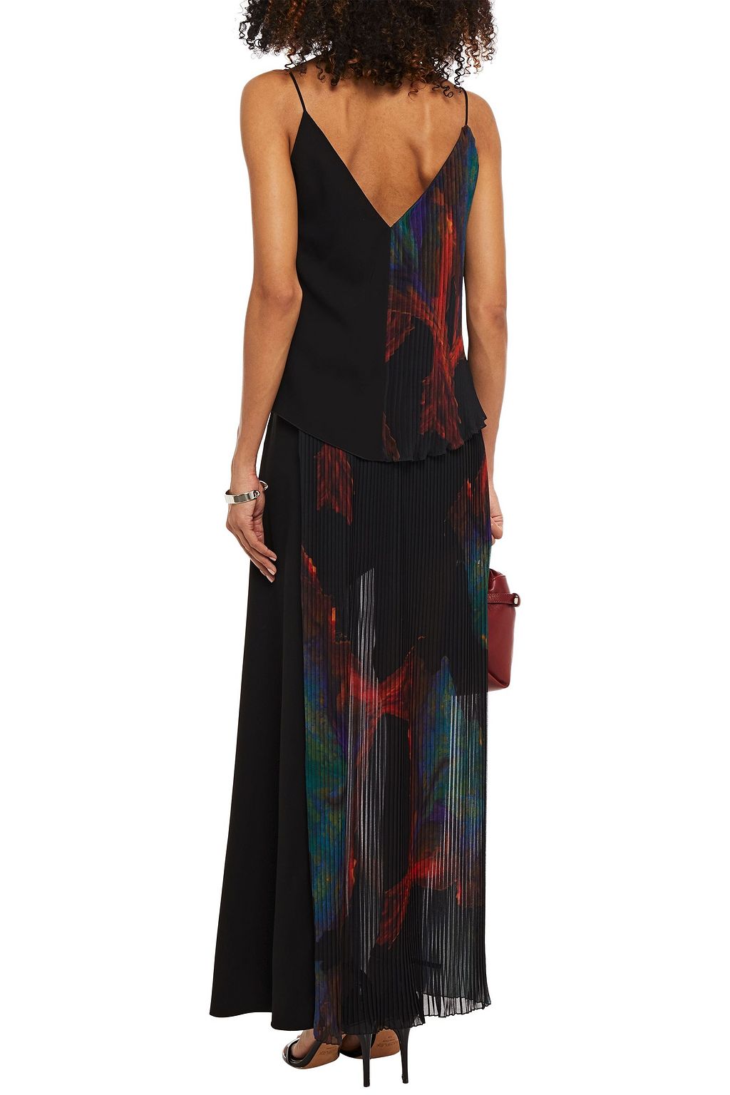 JUST CAVALLI Crepe-paneled pleated printed georgette camisole