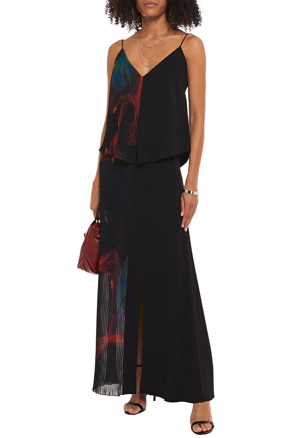 JUST CAVALLI Crepe-paneled pleated printed georgette camisole