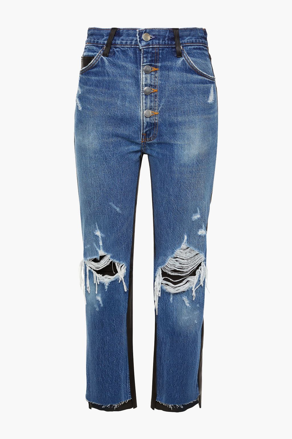 Mid denim Leather-paneled distressed 