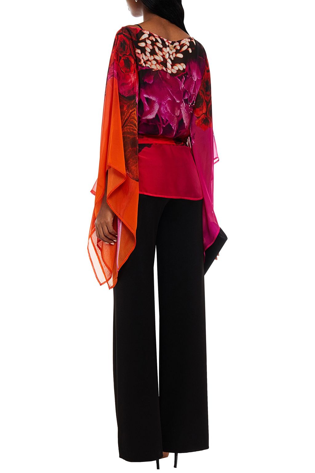 ROBERTO CAVALLI Belted floral-print silk-chiffon top