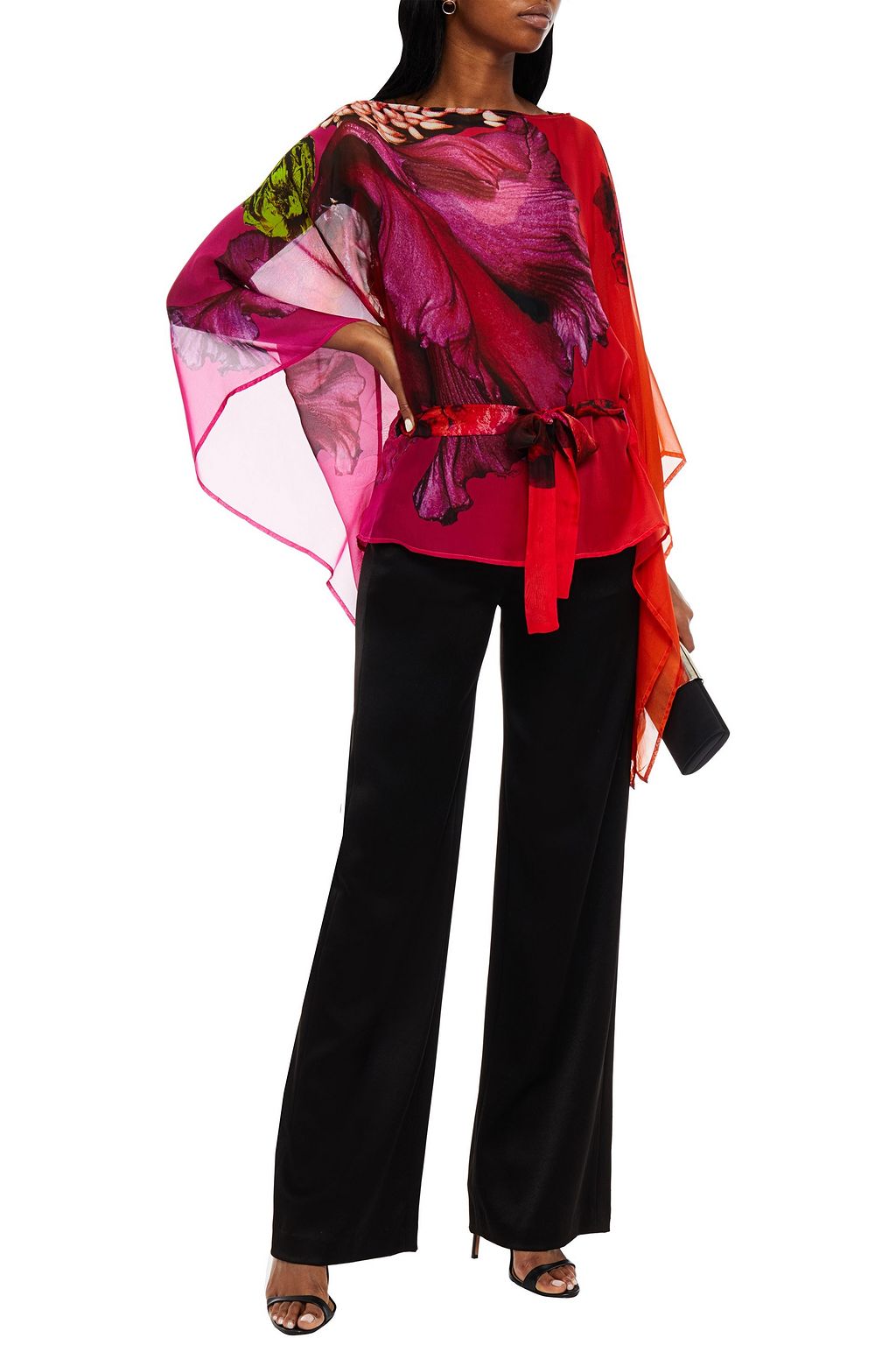 ROBERTO CAVALLI Belted floral-print silk-chiffon top