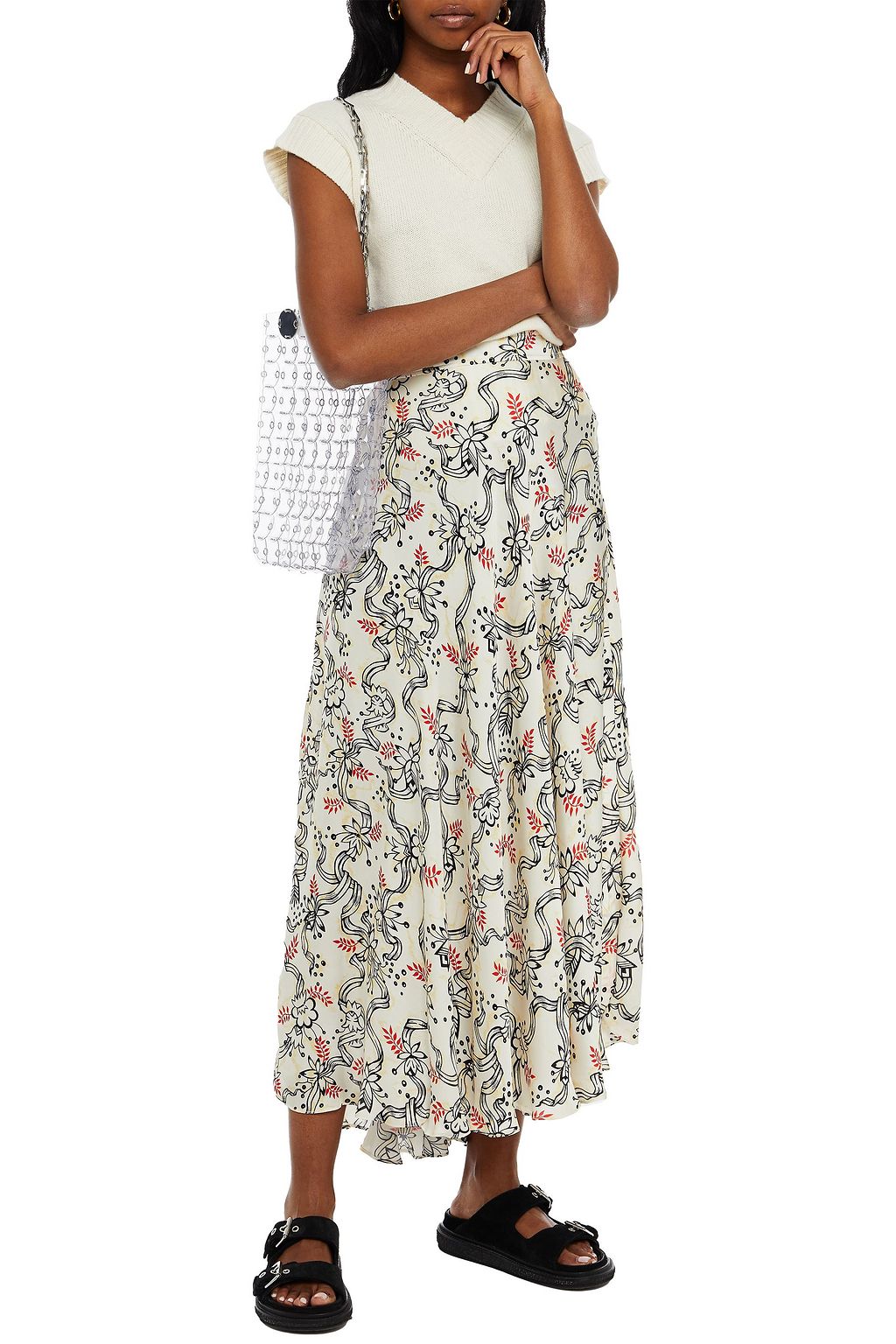 RABANNE Gathered floral-print satin maxi skirt