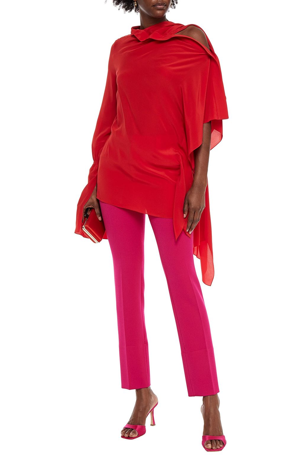 ROLAND MOURET Condor cold-shoulder draped silk crepe de chine top