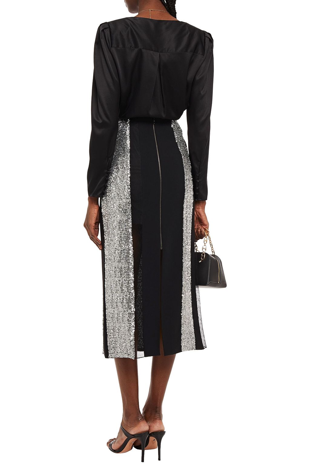 ROLAND MOURET Romero sequined mesh-paneled crepe midi skirt