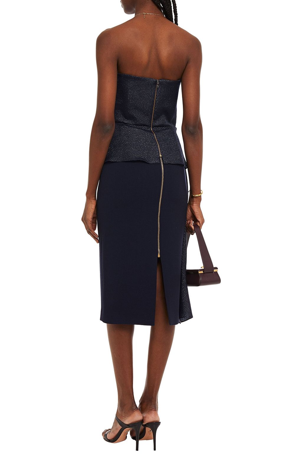 ROLAND MOURET Linet strapless draped metallic piqué top