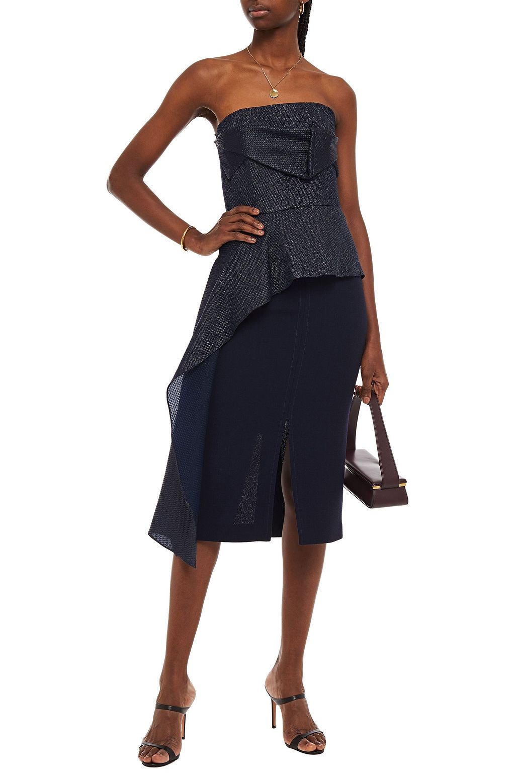 ROLAND MOURET Linet strapless draped metallic piqué top