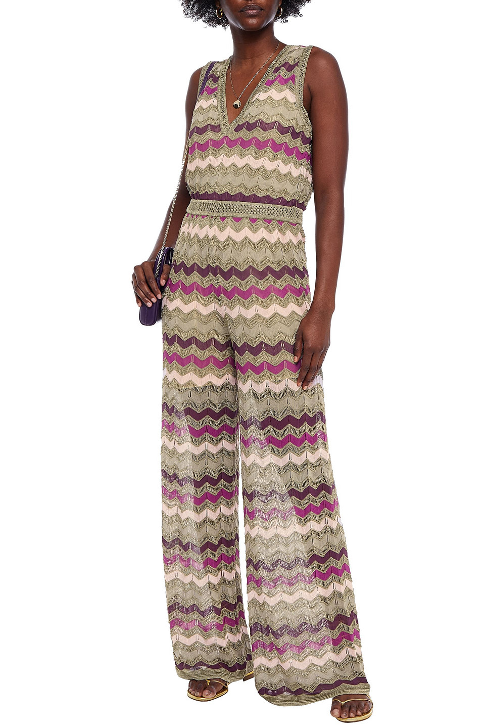 M Missoni Metallic Crochet-knit Cotton-blend Jumpsuit In Multi