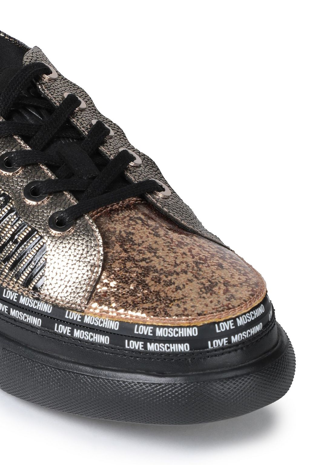LOVE MOSCHINO Glittered printed faux lizard-effect leather sneakers