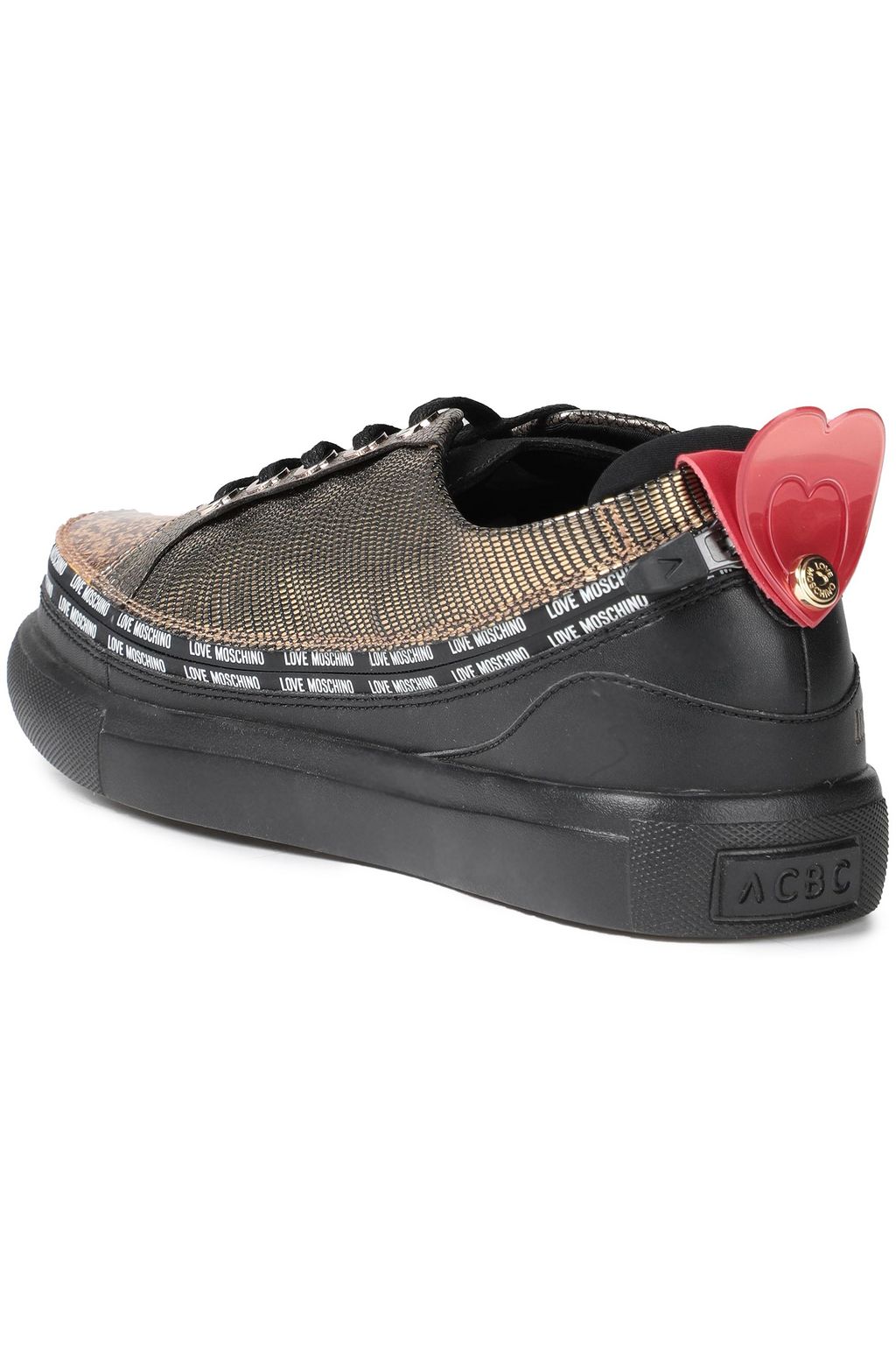LOVE MOSCHINO Glittered printed faux lizard-effect leather sneakers