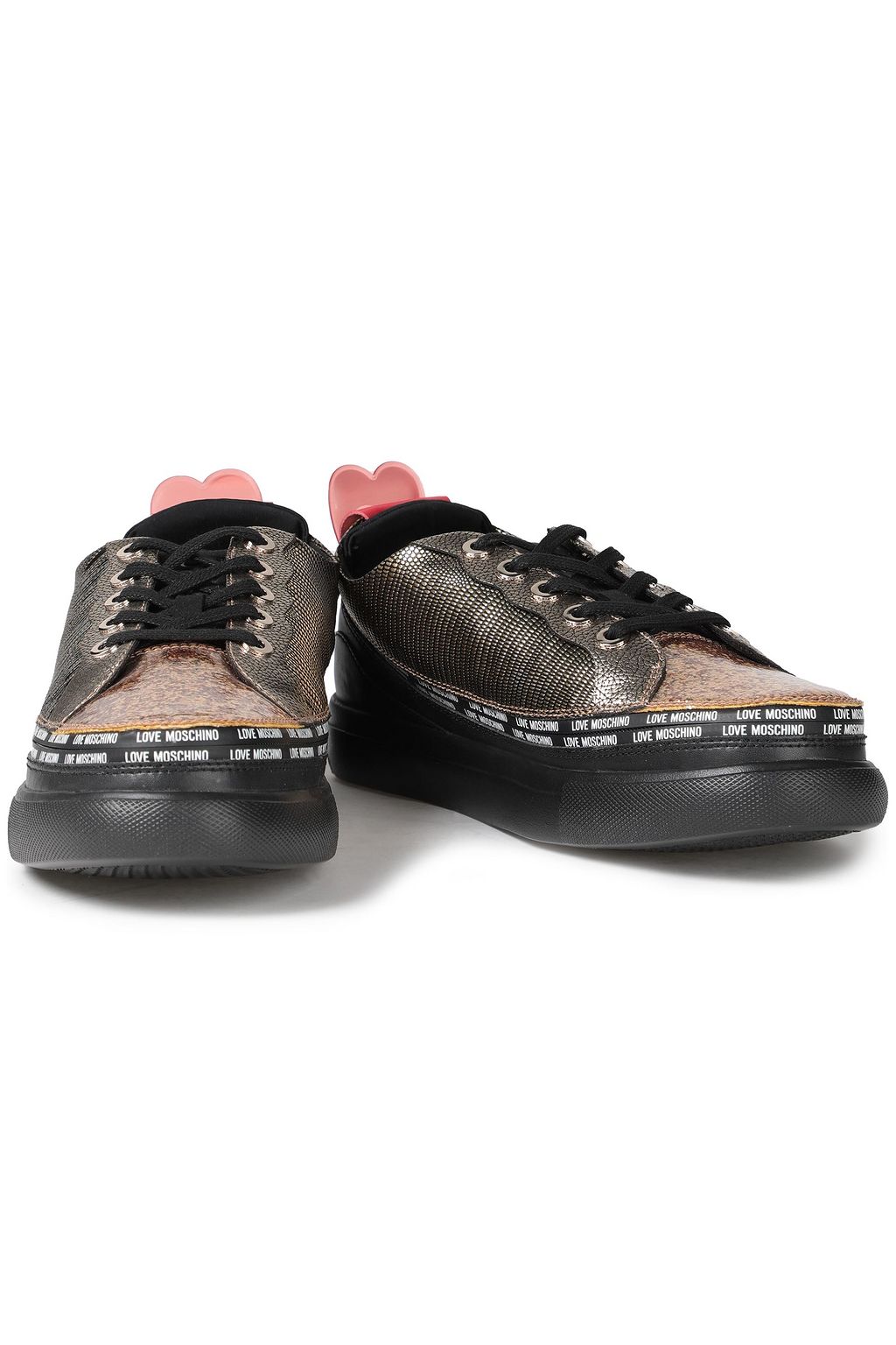 LOVE MOSCHINO Glittered printed faux lizard-effect leather sneakers