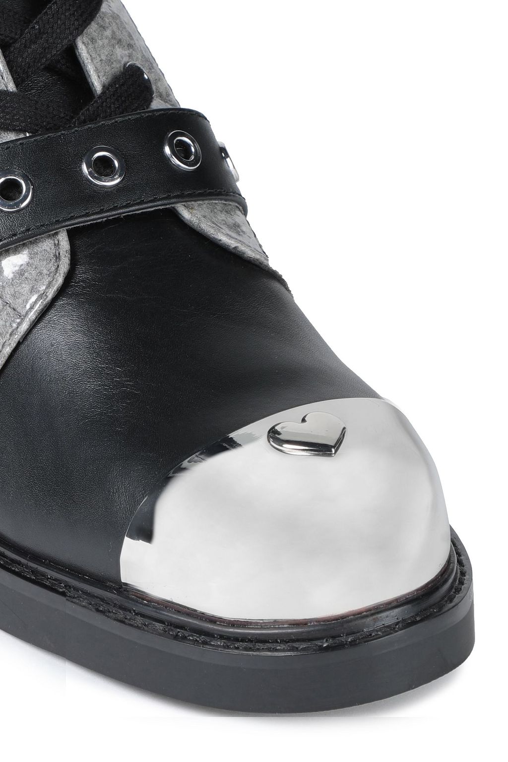 LOVE MOSCHINO Embellished felt-paneled leather combat boots