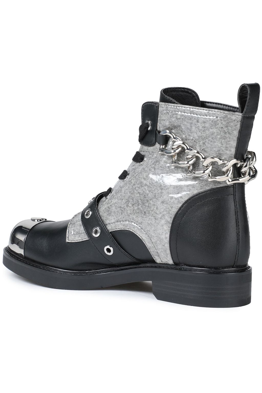 LOVE MOSCHINO Embellished felt-paneled leather combat boots