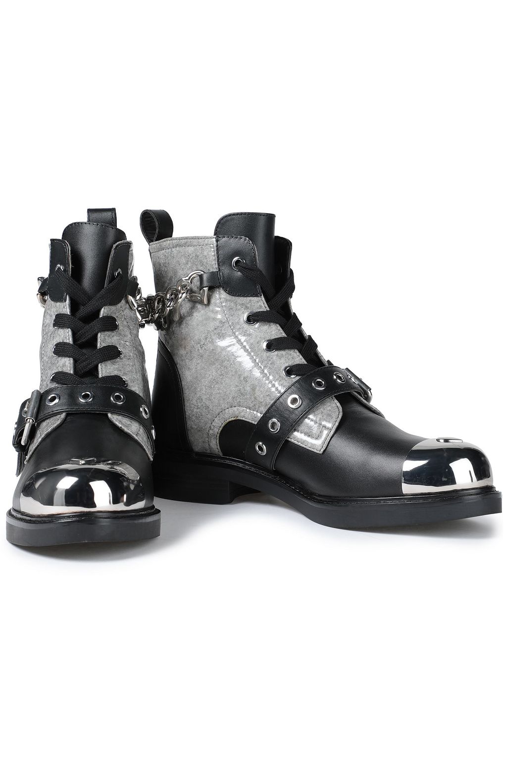 LOVE MOSCHINO Embellished felt-paneled leather combat boots