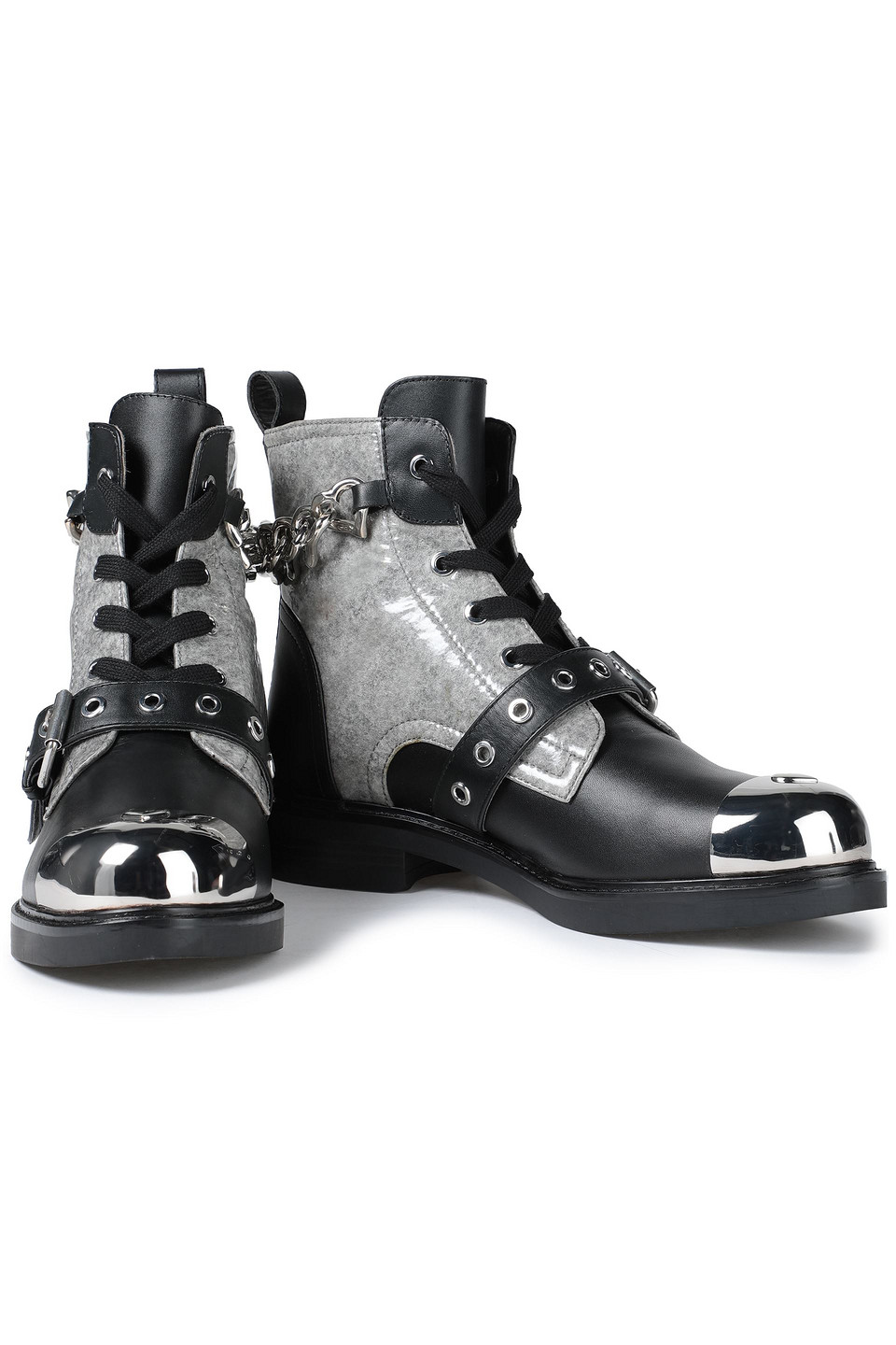 Love Moschino Embellished Felt-paneled Leather Combat Boots In Black