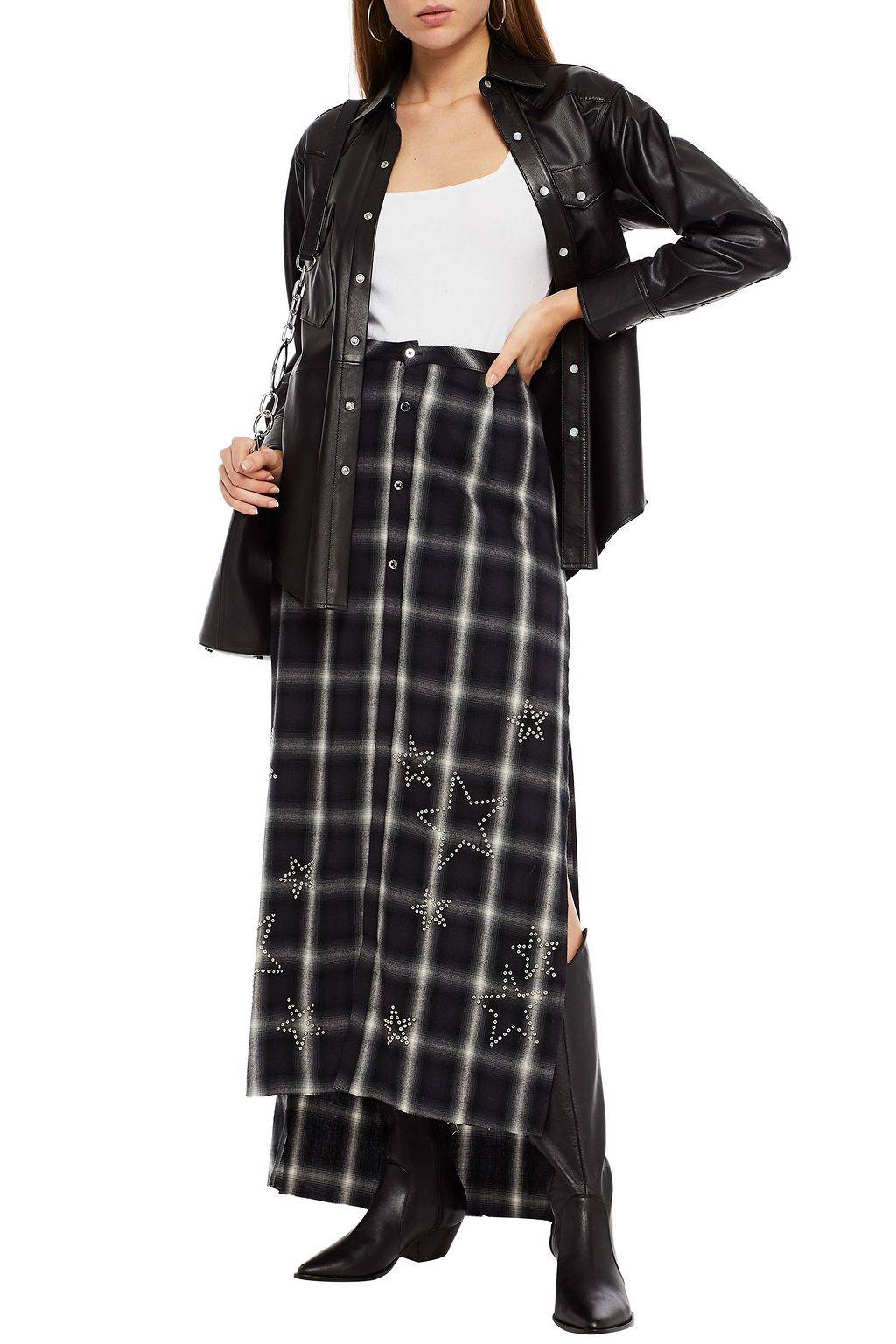 AMIRI Studded checked cotton-blend flannel maxi skirt
