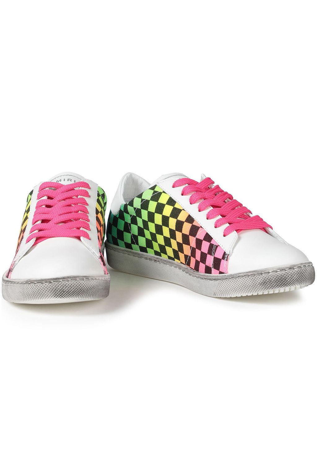 AMIRI Neon checked canvas-paneled leather sneakers