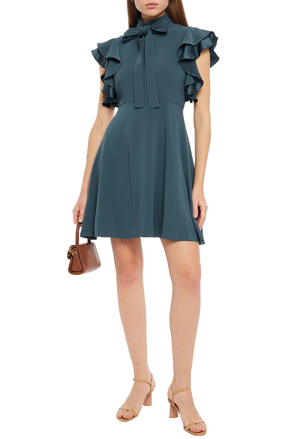 CINQ À SEPT Pussy-bow ruffled crepe mini dress