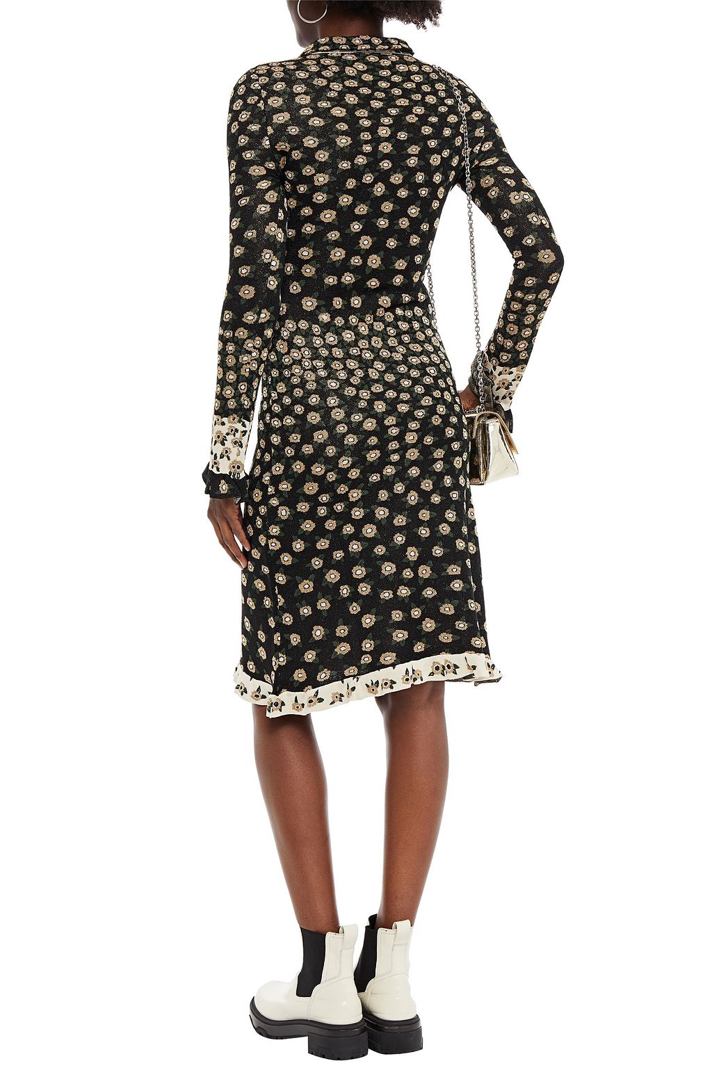 RABANNE Tie-neck ruffled metallic jacquard-knit dress