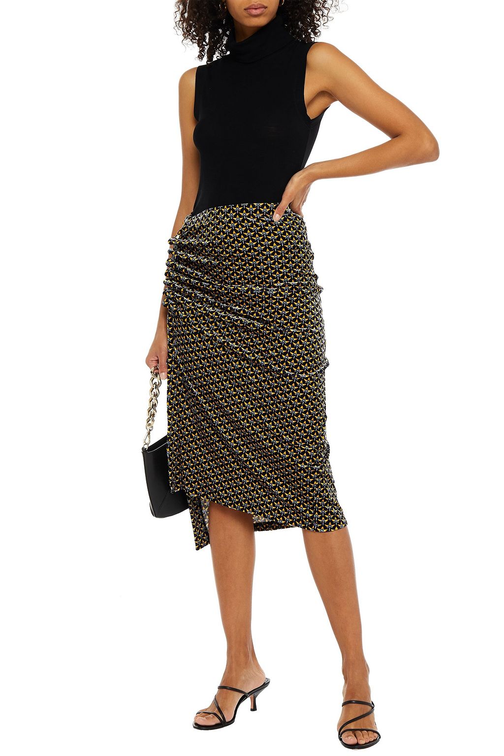 RABANNE Ruched printed velvet midi skirt