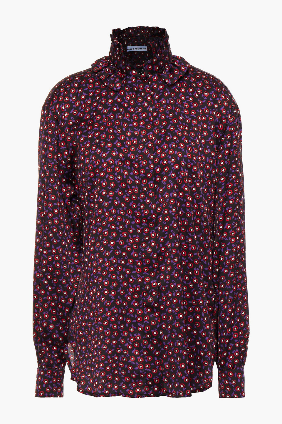 rabanne - ruffle-trimmed floral-print satin blouse - black - fr 38