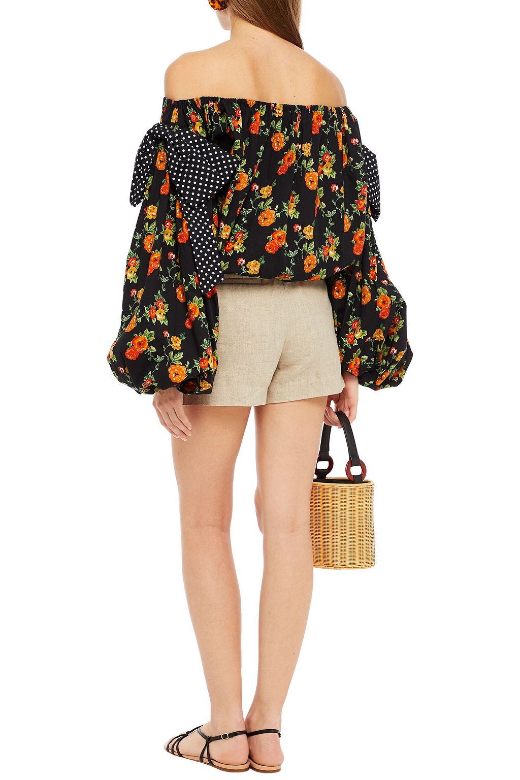 CAROLINE CONSTAS Off-the-shoulder embellished floral-print cotton-blend poplin top