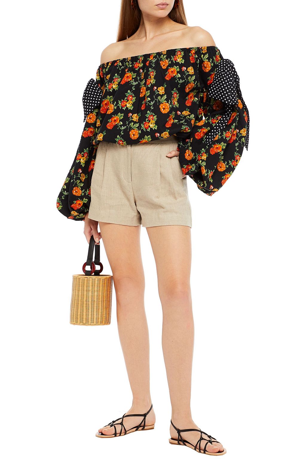 CAROLINE CONSTAS Off-the-shoulder embellished floral-print cotton-blend poplin top