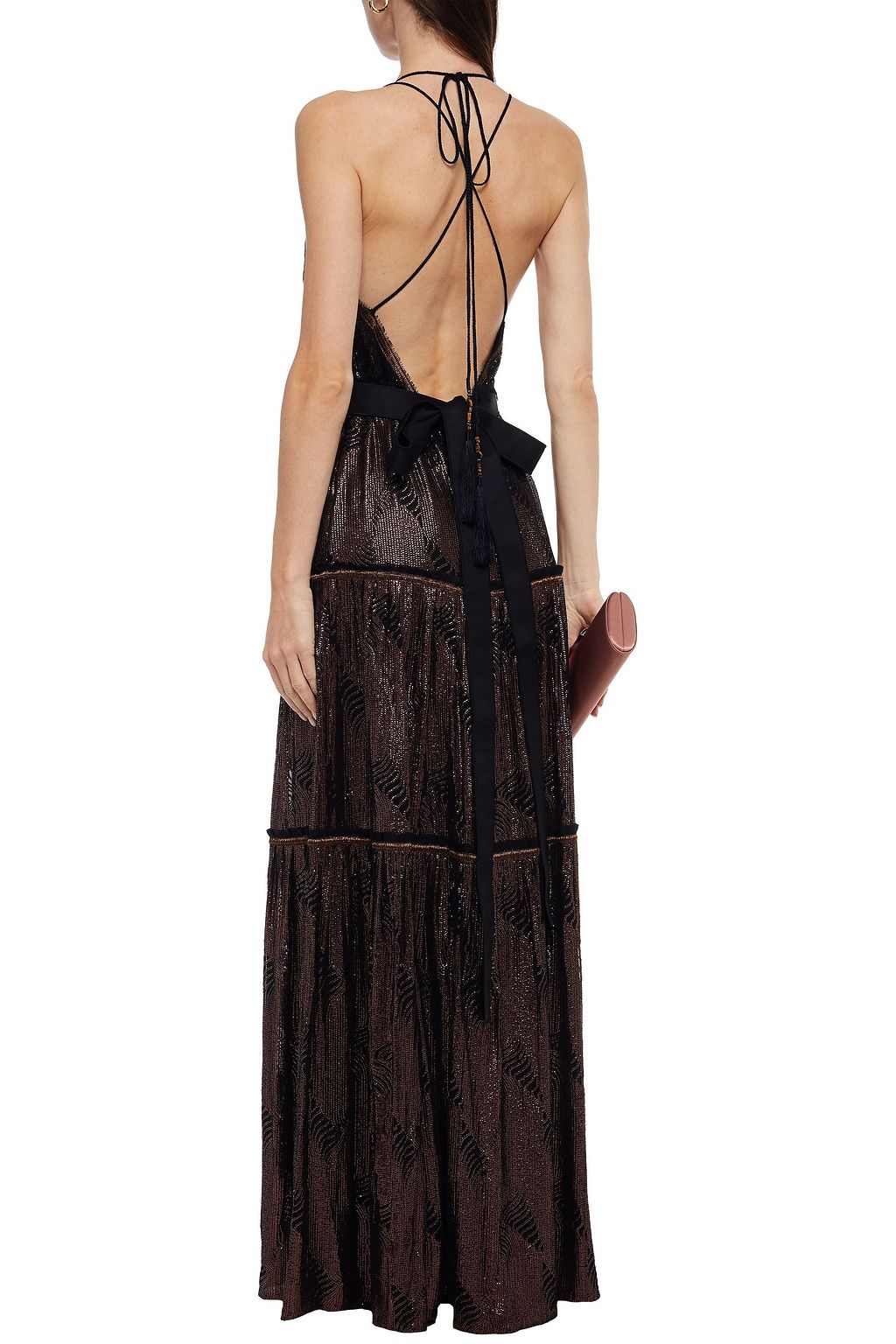AMANDA WAKELEY Belted embellished metallic chiffon maxi dress