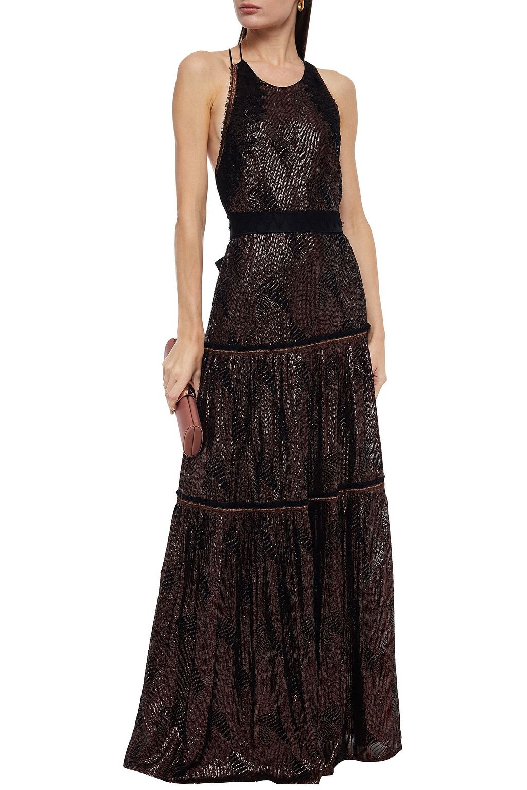 AMANDA WAKELEY Belted embellished metallic chiffon maxi dress