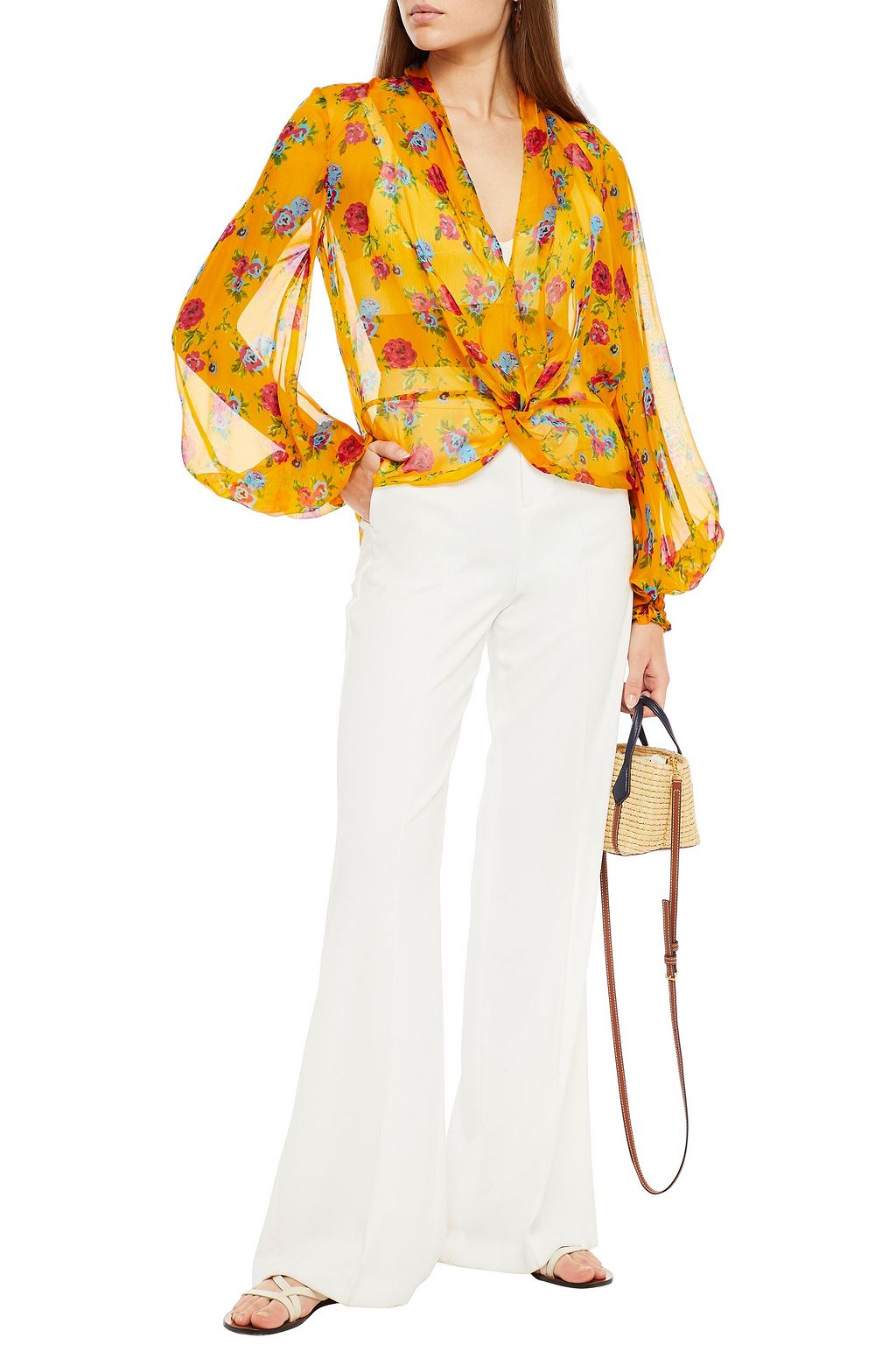 CAROLINE CONSTAS Twist-front floral-print silk-chiffon blouse