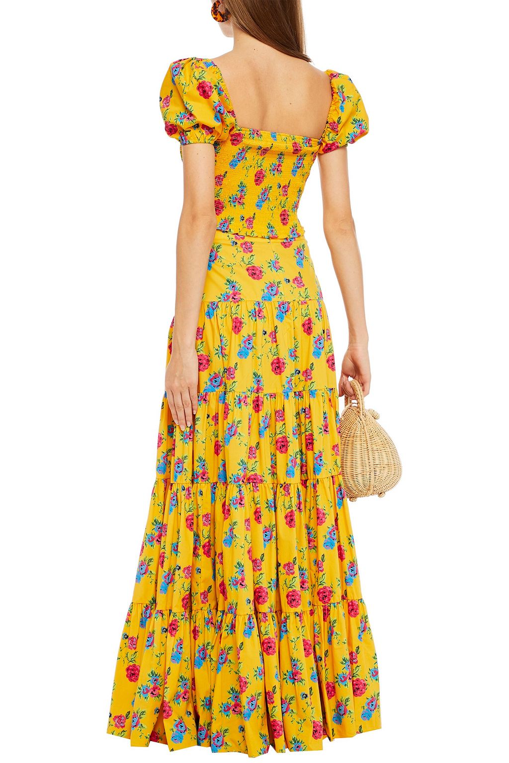 CAROLINE CONSTAS Cropped shirred floral-print cotton-blend poplin top