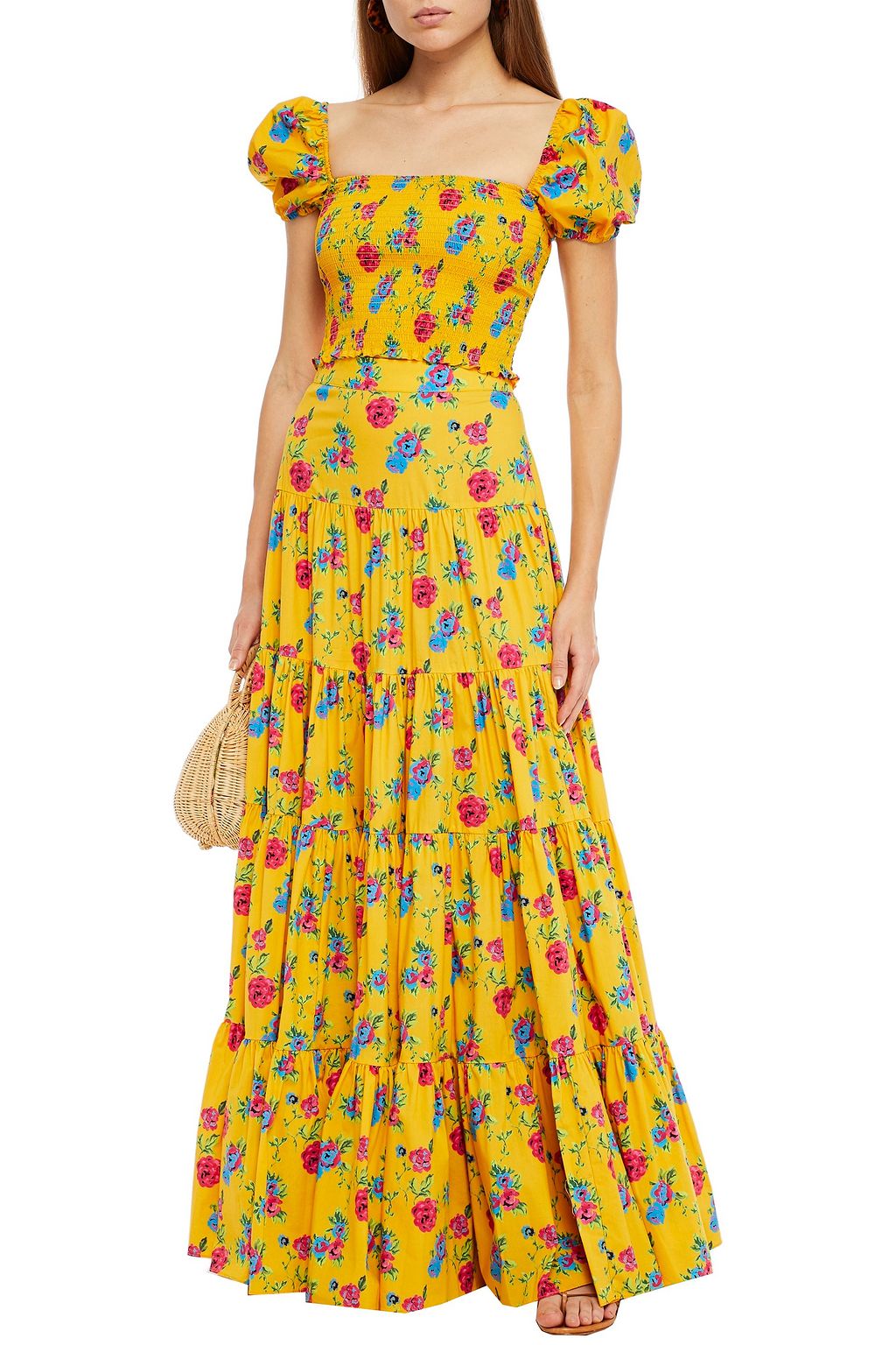 CAROLINE CONSTAS Cropped shirred floral-print cotton-blend poplin top