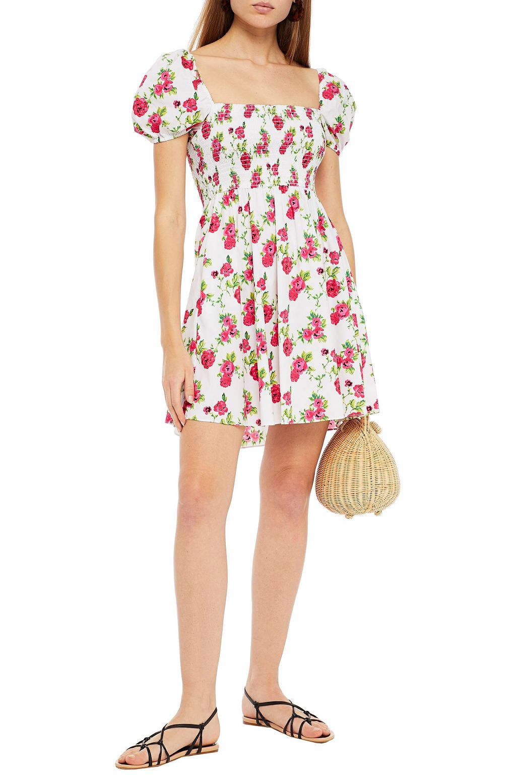 CAROLINE CONSTAS Shirred floral-print cotton-blend poplin mini dress