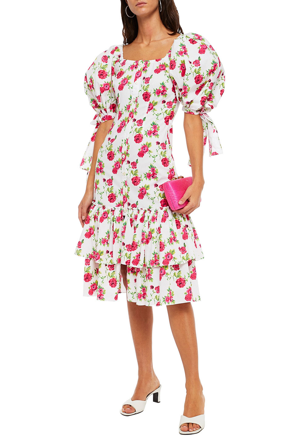 Caroline Constas Tiered Gathered Floral-print Cotton-blend Poplin Midi Dress In White